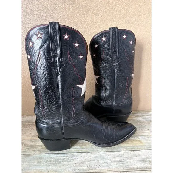 Lucchese Classics Star Inlay Cowboy Boots Black Leather USA Vintage 10.5 w/FLAW